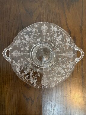 Cambridge Rose Point Beautiful Crystal 7.25” Handled Footed Serving Plate